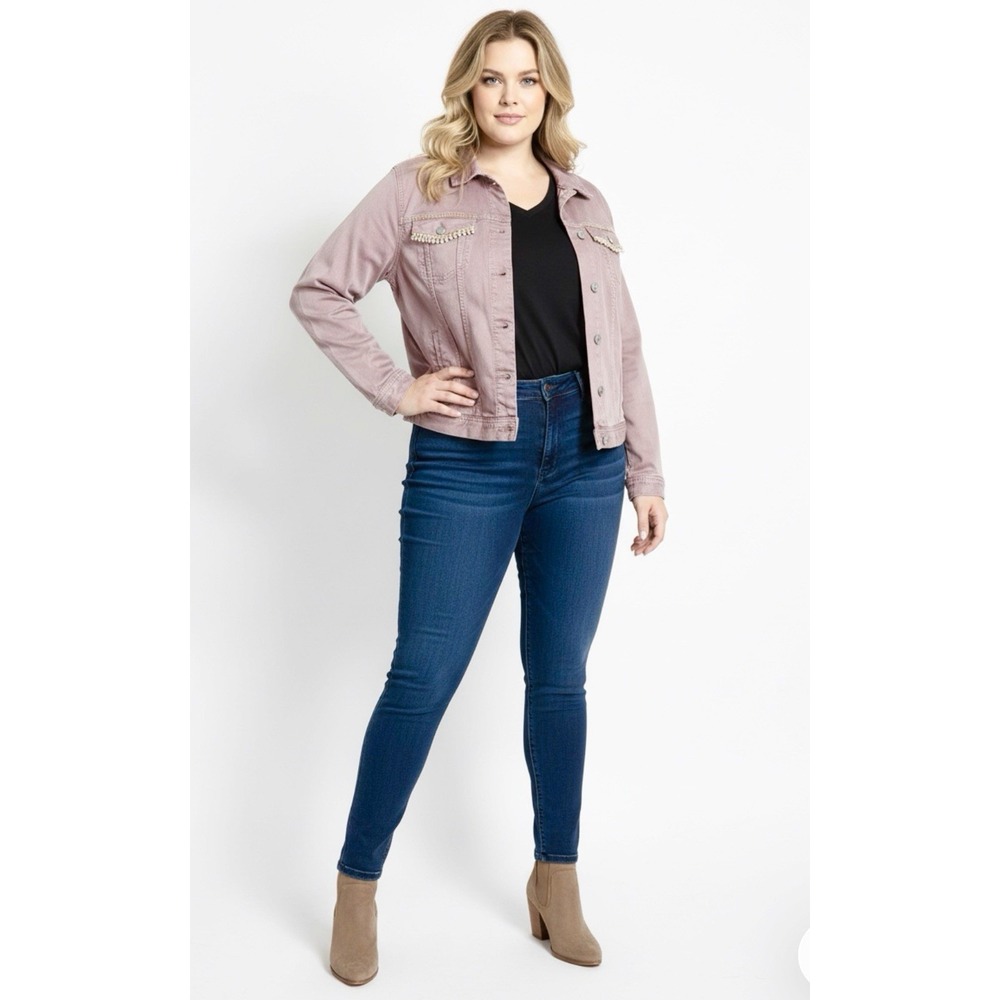 Maurices Denim Trucker Jacket Womens Plus 1X Blush Mauve Rhinestone Embellished‎